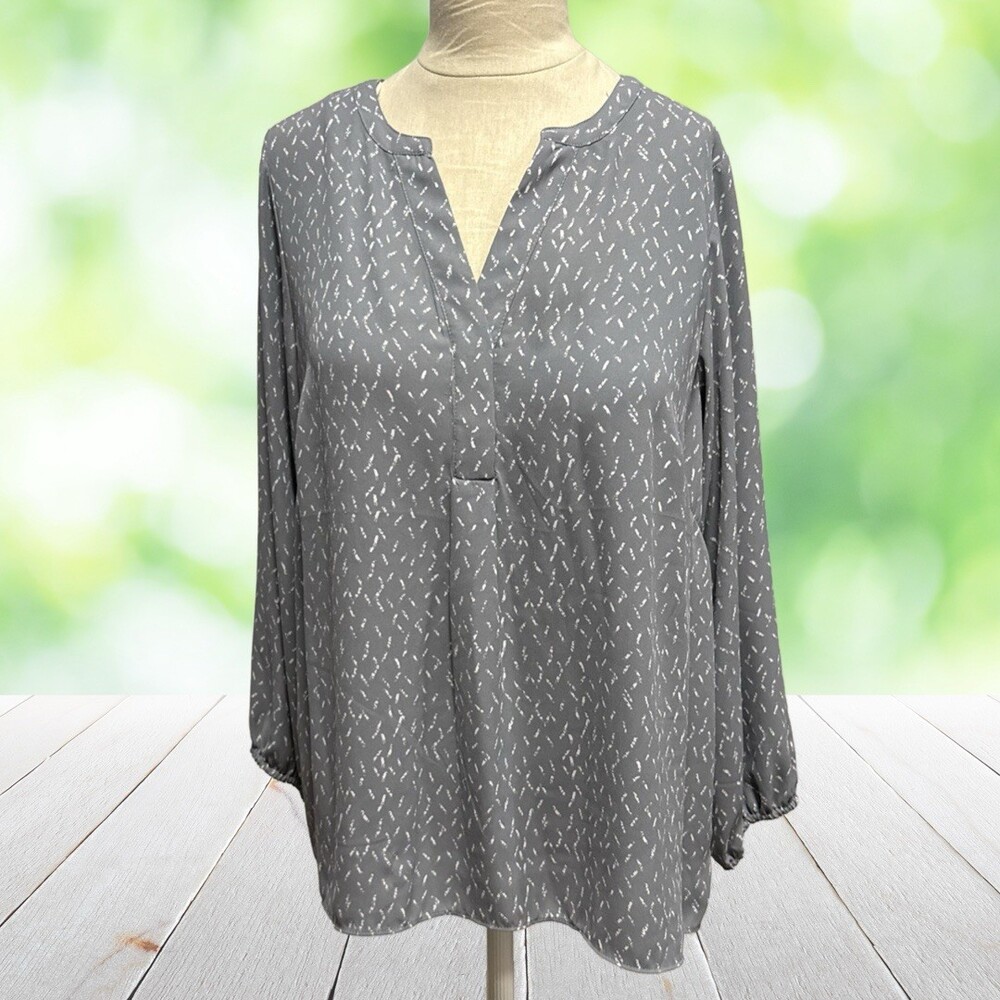 TAHARI Tunic Popover Blouse Split Neck Abstract Print Flowy Office Gray Plus 1X